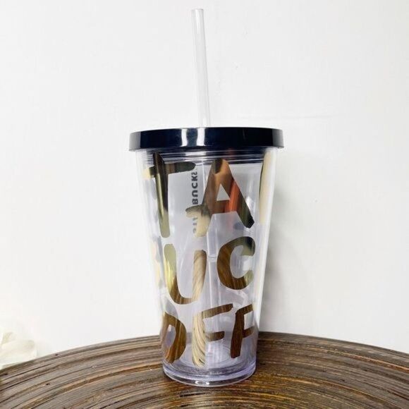 Starbucks Coffee Clear Grande Tumbler Gold Lettering Cold Cup - Picture 2 of 5